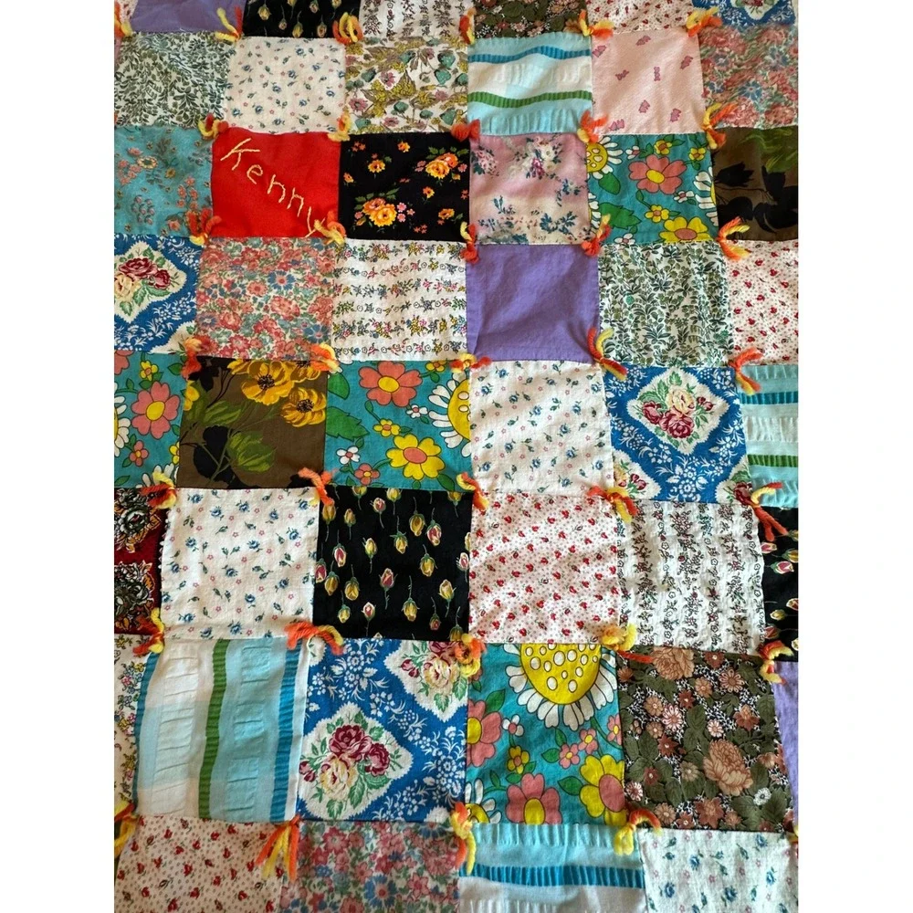 Vintage Handmade Patchwork Tie Quilt Kids 48x40 Multicolor Airplane EUC